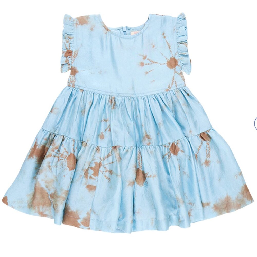 Pink Chicken Polly Silk Tie-Dye Ruffle Sleeve 2-Tired Dress, Milky Blue Size 4
